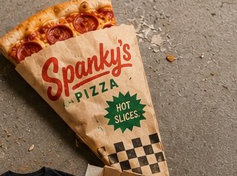 Hot pepperoni slice wrapped in Spanky's Pizza paper
