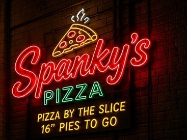Spanky's Pizza neon sign glowing on a brick wall